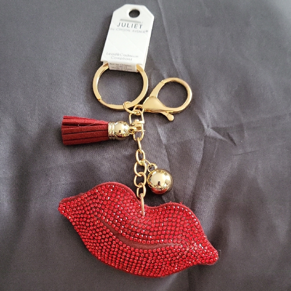 Red Lip Keychain with Gold Accents 4" W Hangs 4" Long